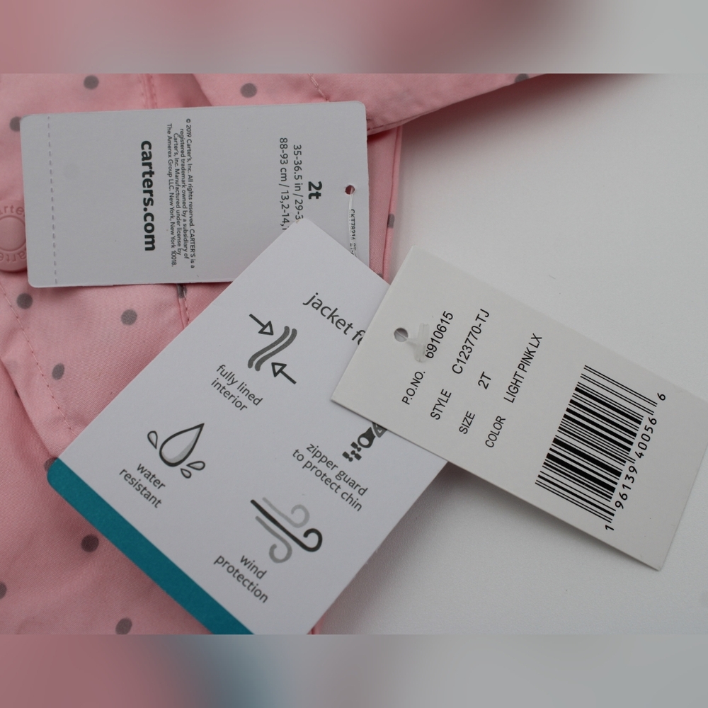 NWT Carter’s Girls 2T Rain Slicker – Light Pink with Grey Polka Dots - Picture 7 of 7